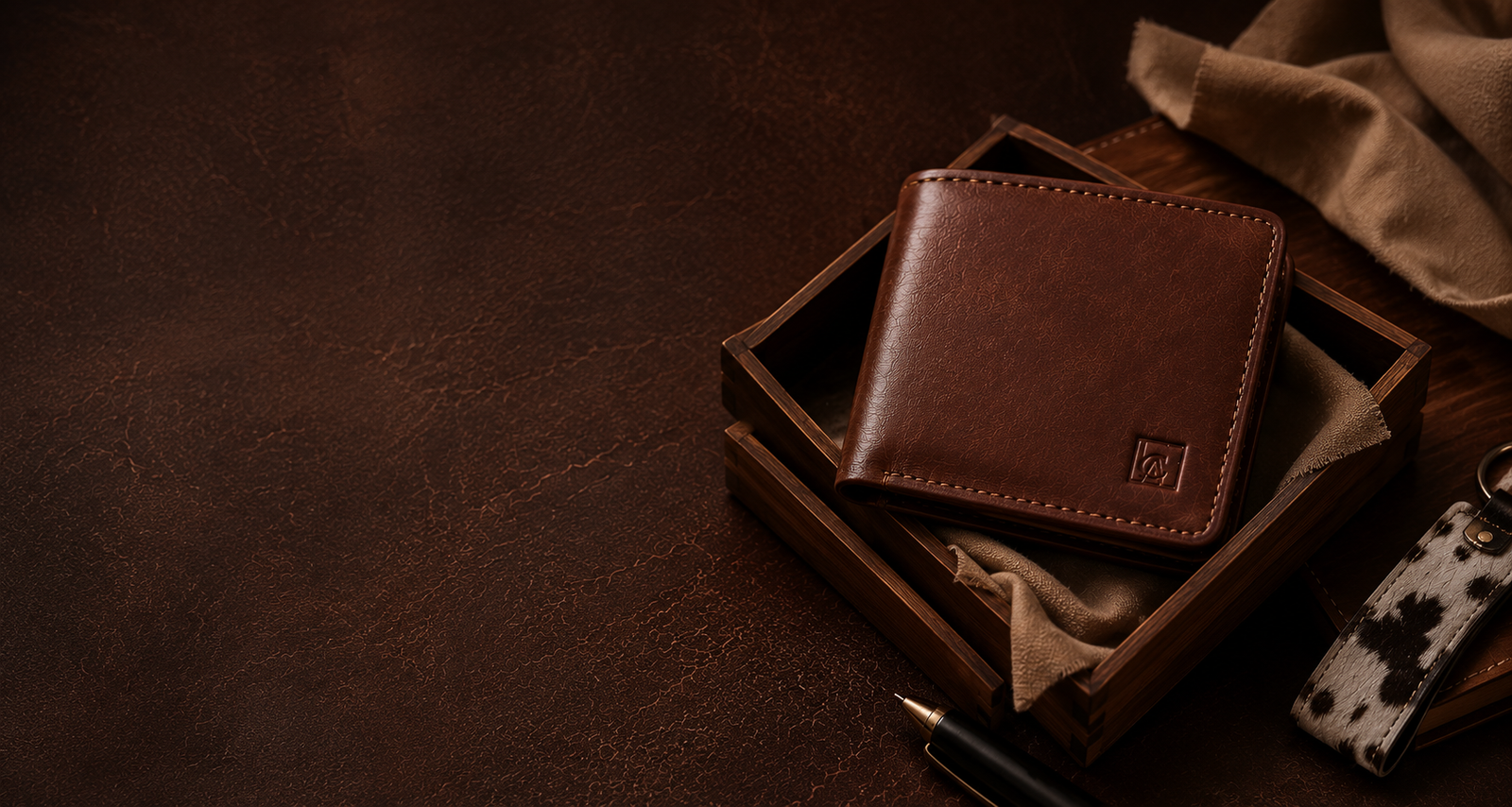 Premium CarryAll leather wallet in a wooden gift box